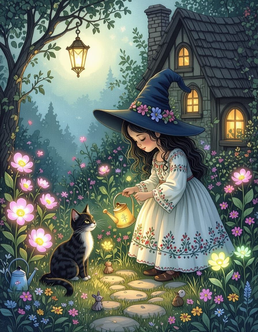 Hispanic Witch Girl Tends Magical Garden With Cat Companion