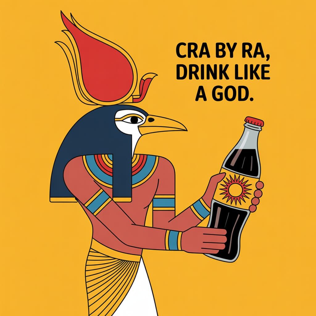 The Egyptian sun god Ra, with a bird's head, holding a cola bottle with a label that has the sun on it and the word "CRA...