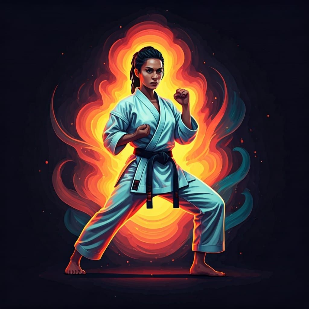 Dynamic Karate Woman in Futuristic Neon Style