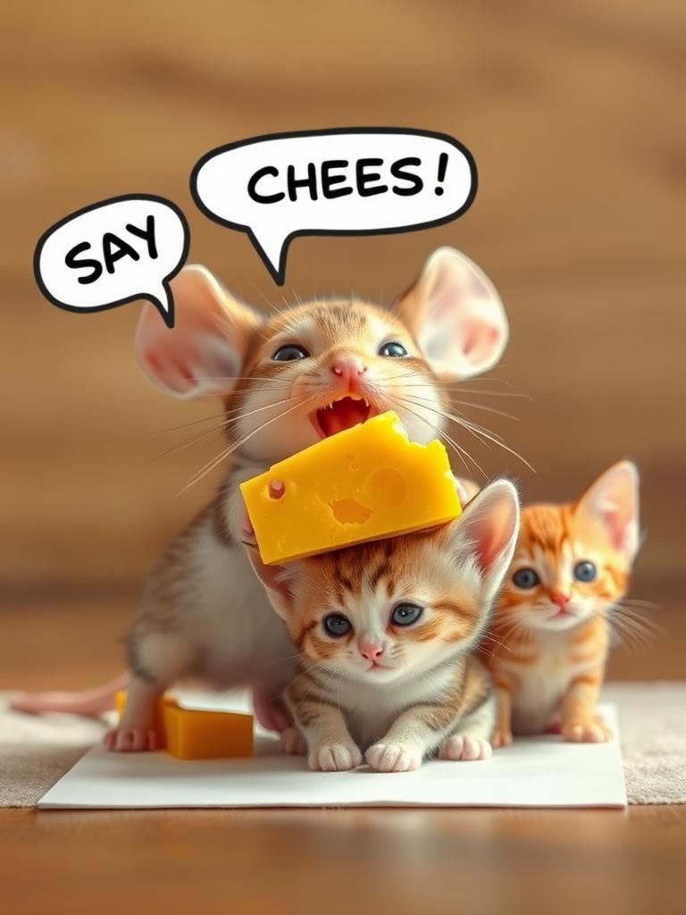 (Polaroid photo of Adorable chibi mouse with cheese closeup ...