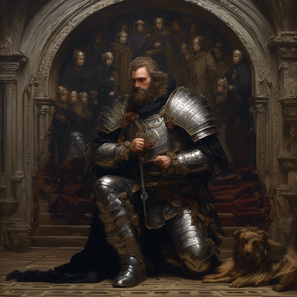 Knight kneeling to pray before battle