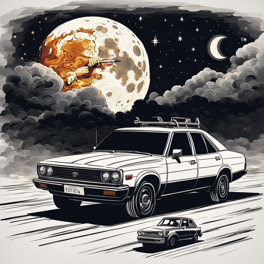 Toyota Car Driving at Night with Flames