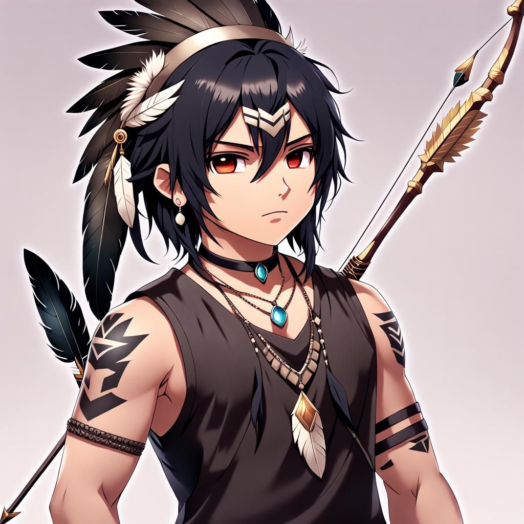 Chibi Native American Male with Bow in Anime Style