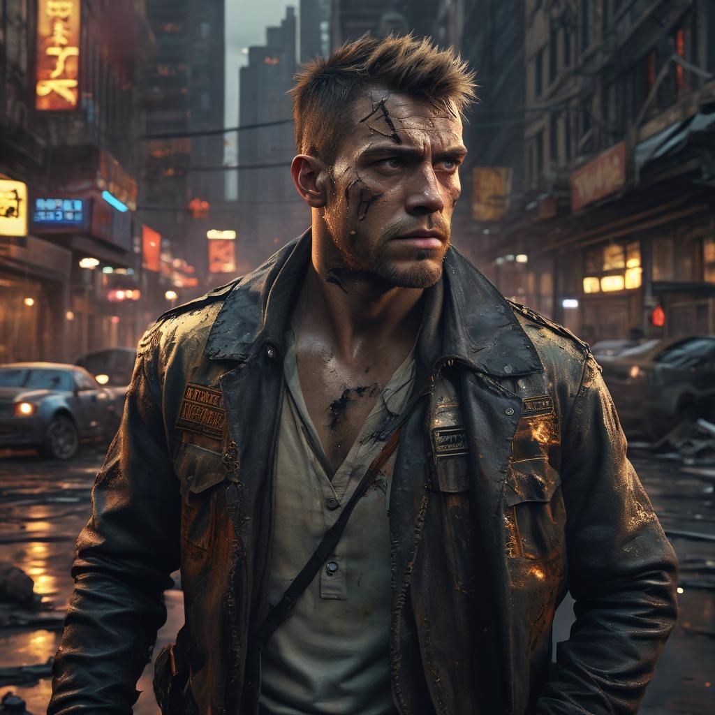 Rebel Warrior in Burning City: Hyper-Realistic Digital Art