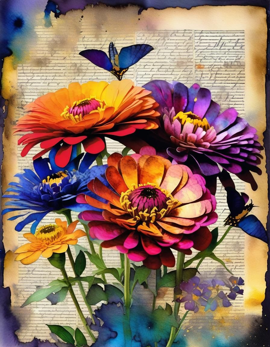 Watercolor Zinnia Bouquet with Raven and Gold