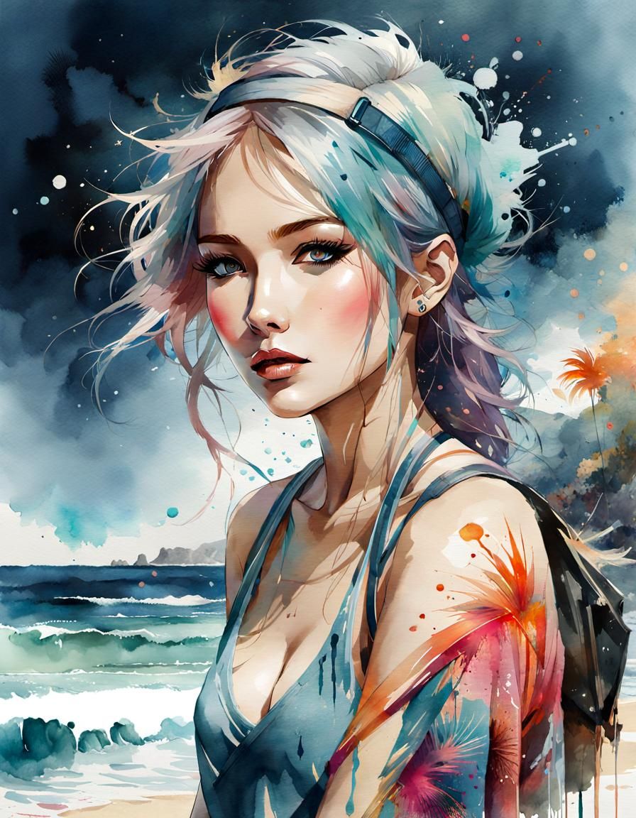 Watercolor Beach Hipster in Manga Style