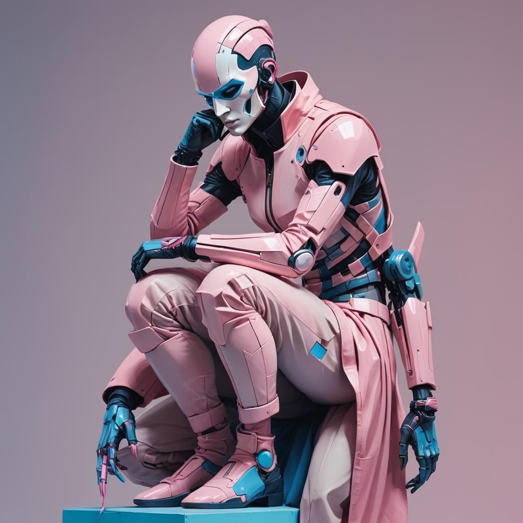 Masked Figure Contemplating in Cyberpunk Neon