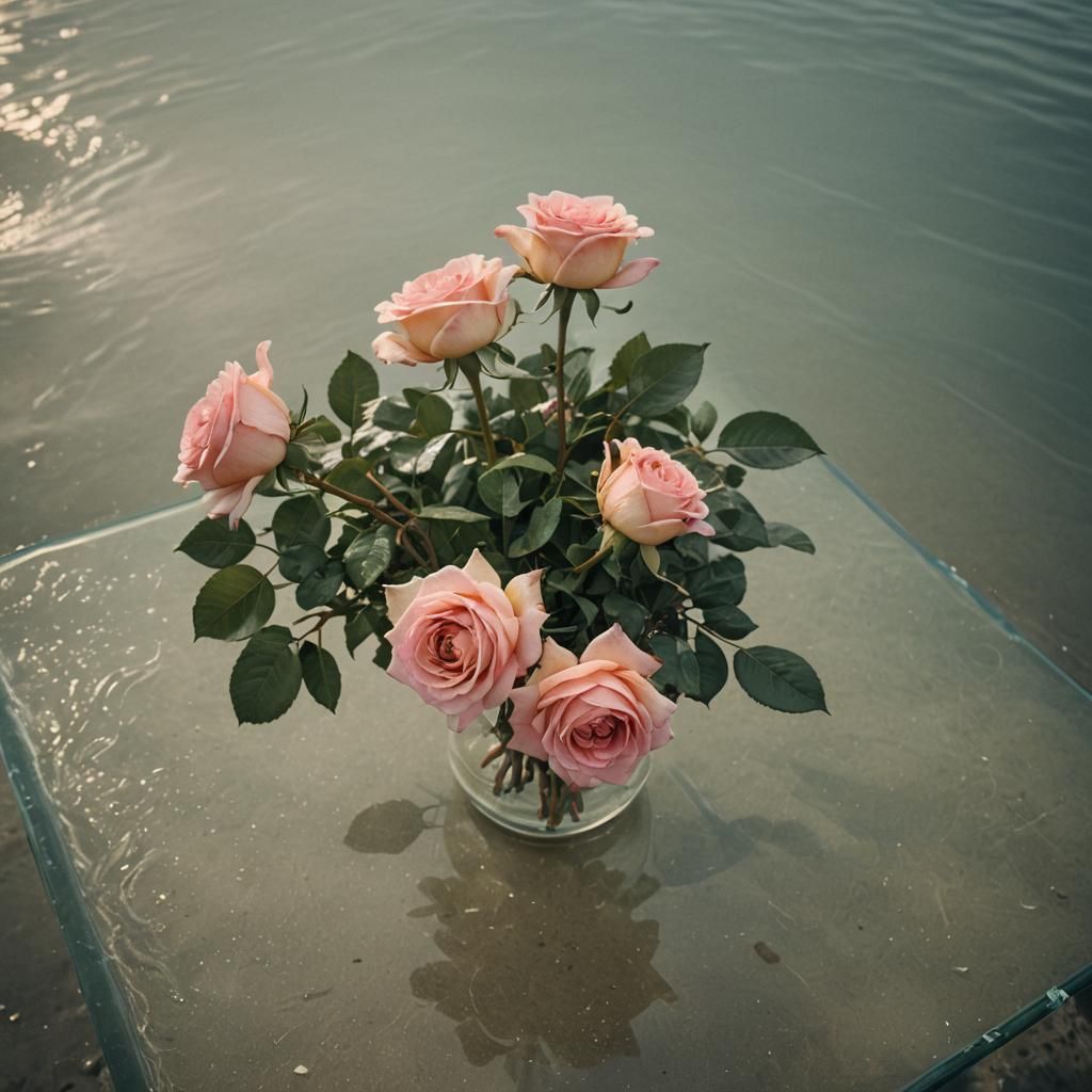 Pink Roses on Glass Table Near Ocean Beach