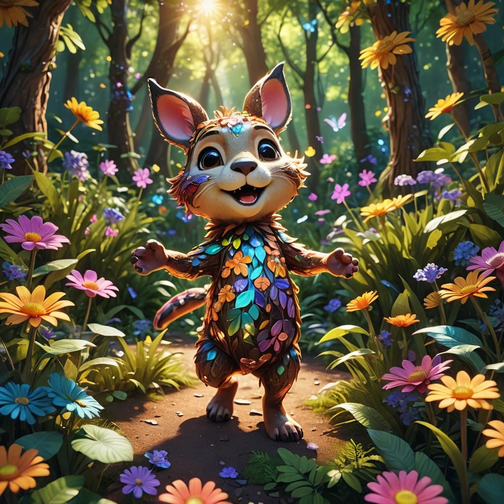 Anthropomorphic Animal Dancing in Glowing Forest: 3D Art