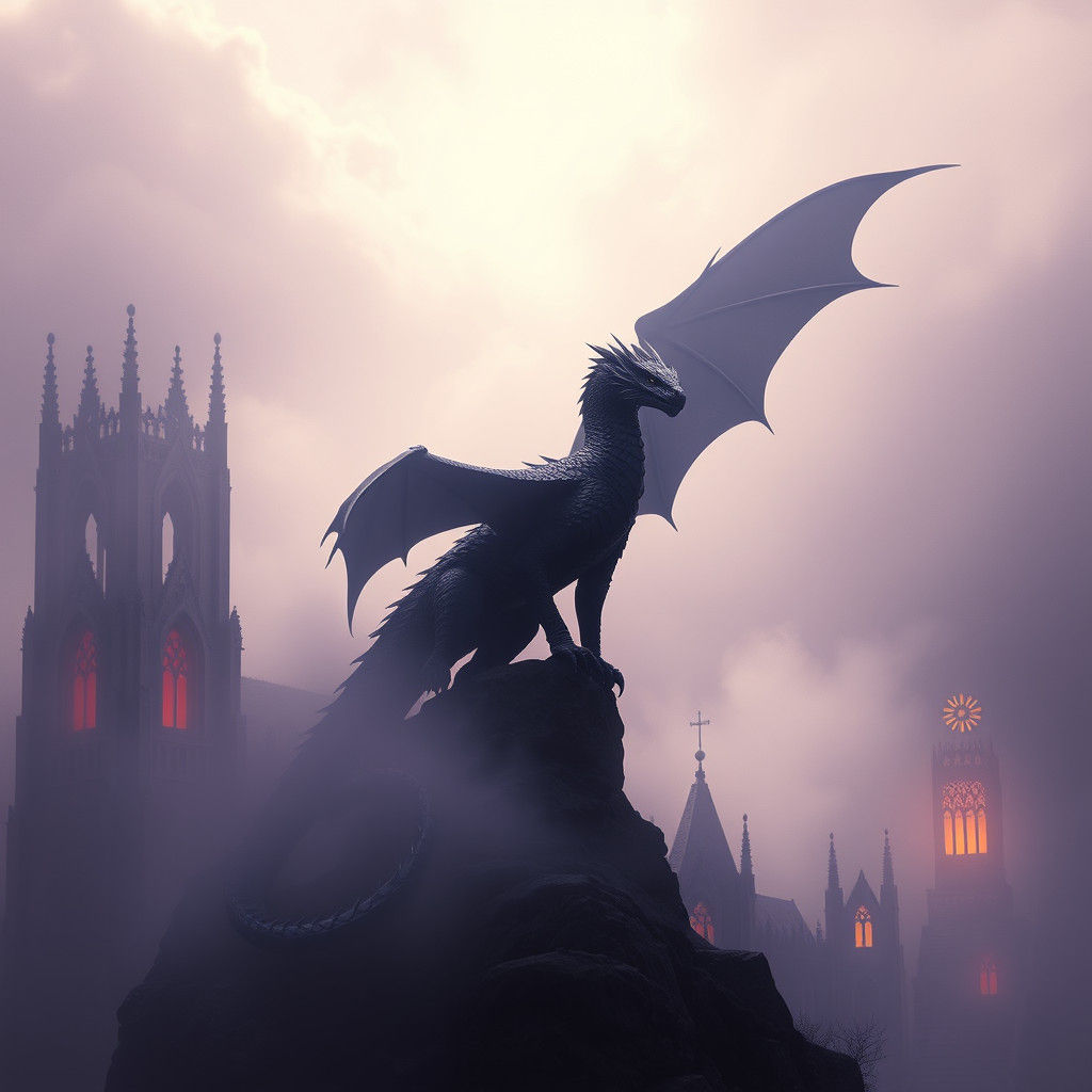 Dragon Overlooking Gothic Cathedral in Mist