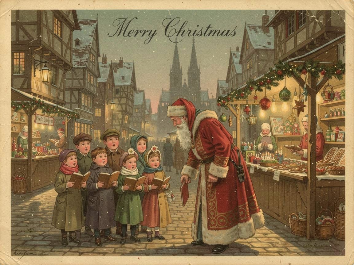 Vintage Christmas Card: Carolers & Santa at Market