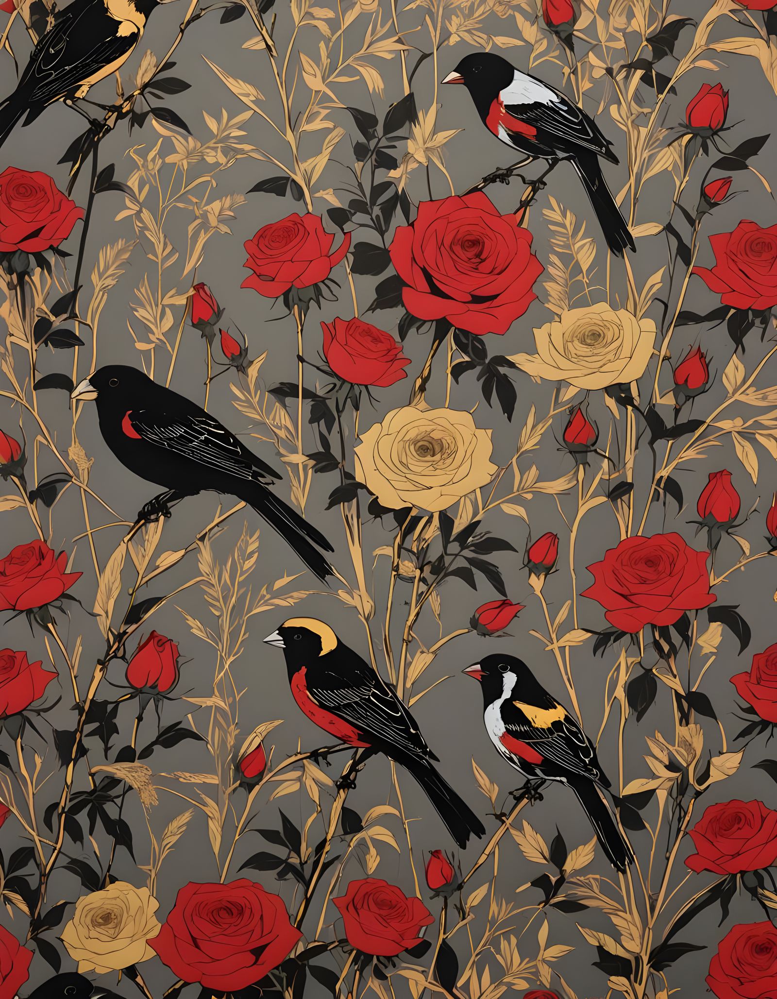 Serigraph of Finches, Roses, and Rushes