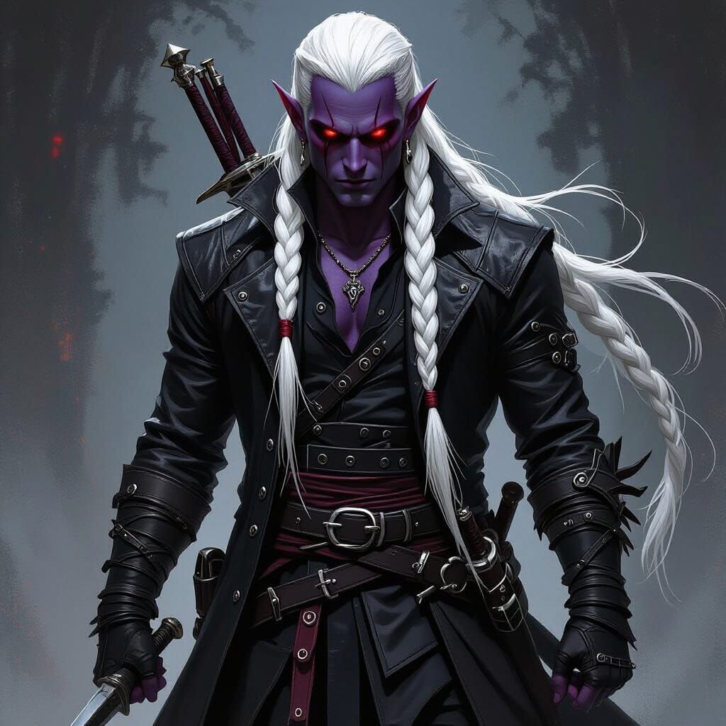 Drow Elf Assassin with White Braid and Daggers