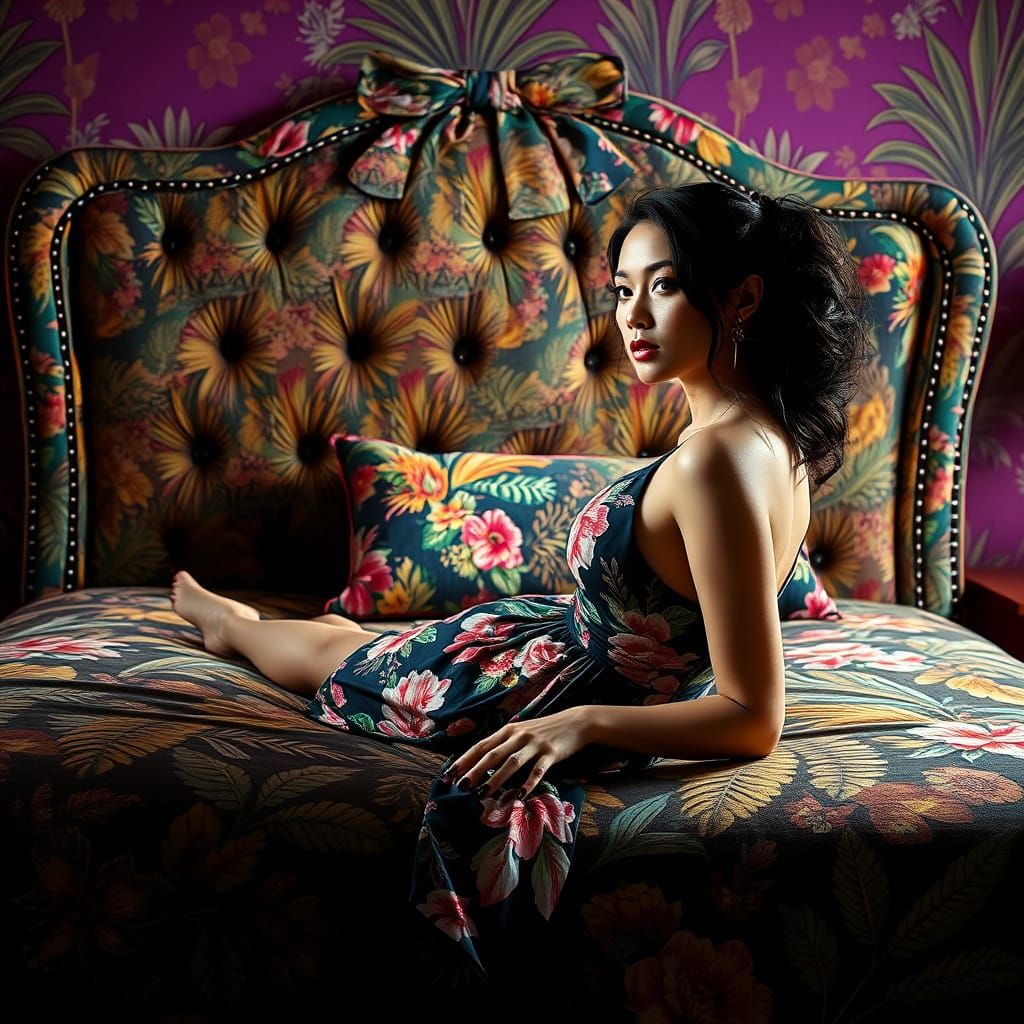 Vibrant Hawaii Velvet Bed with Intricately Detailed Upholste...