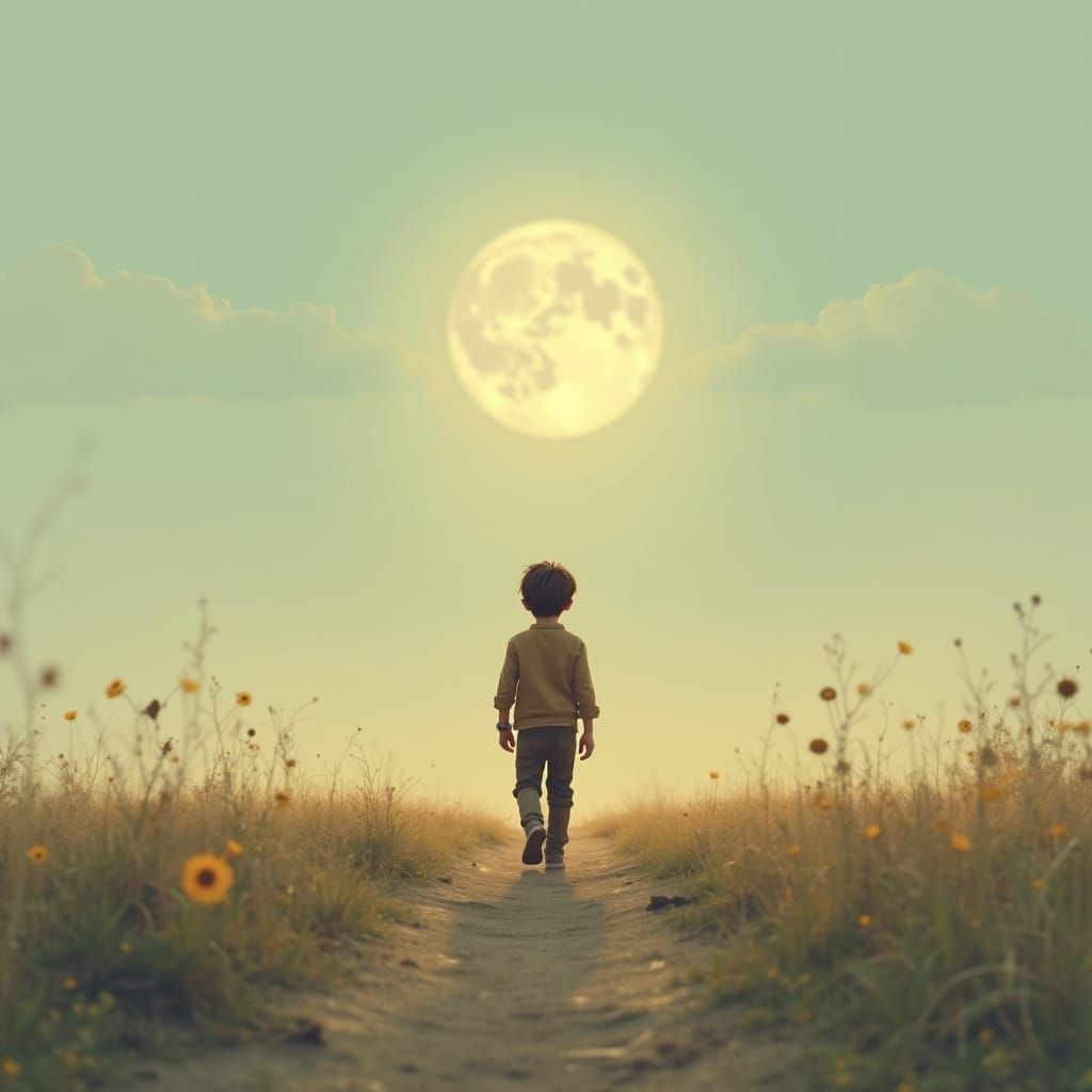 Boy Walks Towards a Glowing Horizon