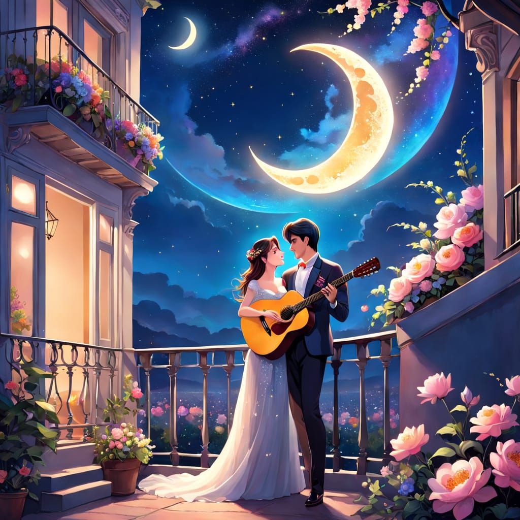 Romantic Balcony Serenade Under a Floral Moon