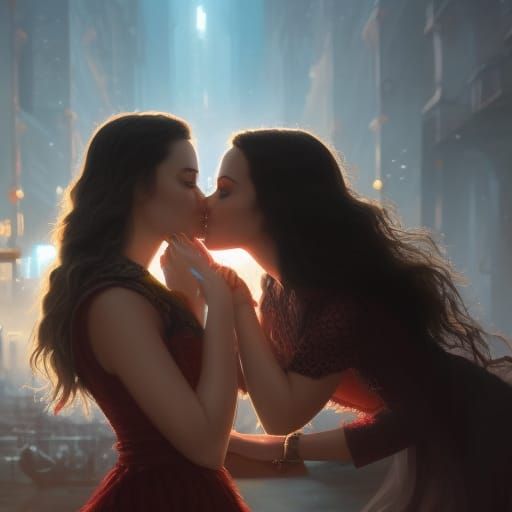 Two Girls Kissing with Engagement Ring in Splash Art Style