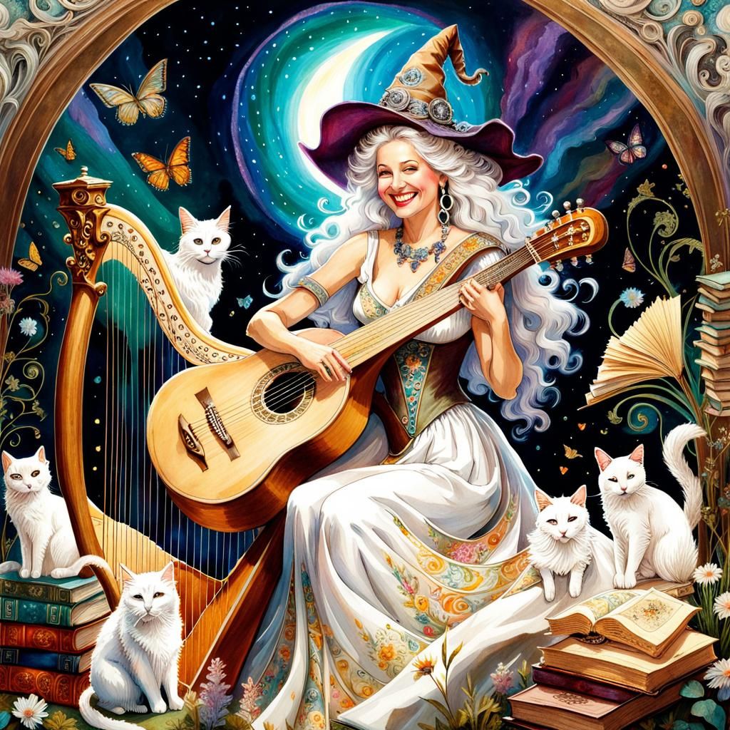Joyful Witch Playing Harp in Fairy Garden