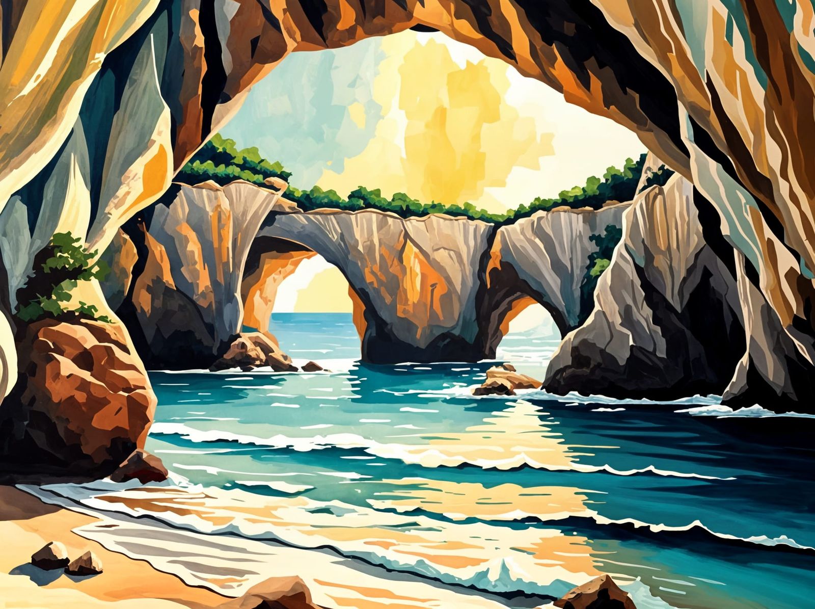 Serene Ocean View from Benagil Cave, Gouache Style