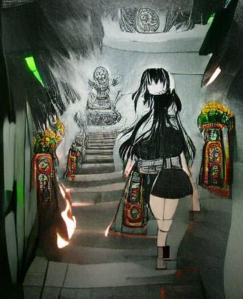 Temple of Death Goddess: Manga Style Ink Drawing