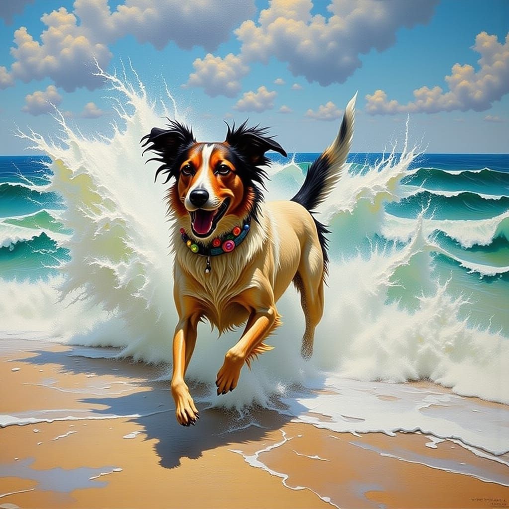 Energetic Dog Running on Beach with Crashing Waves