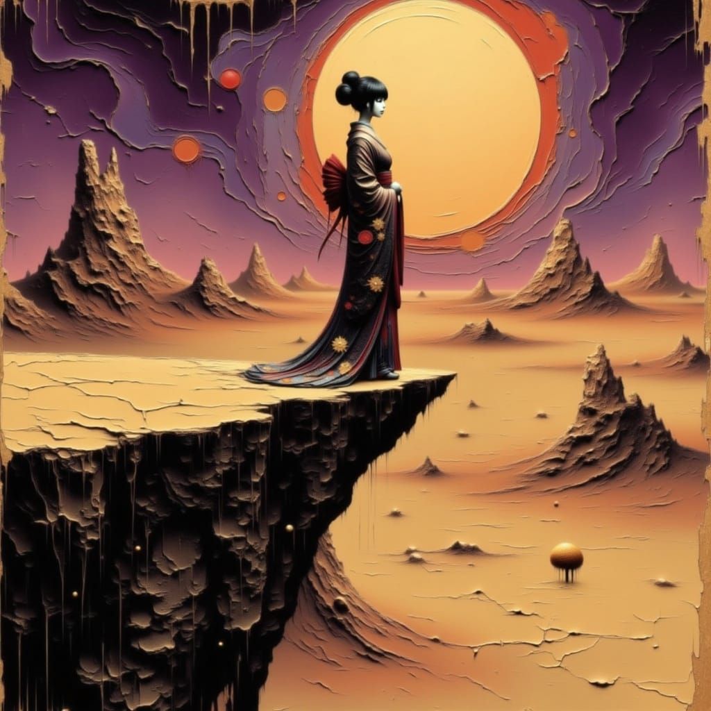 Geisha on Alien Cliff Overlooking Desert, Impasto Style