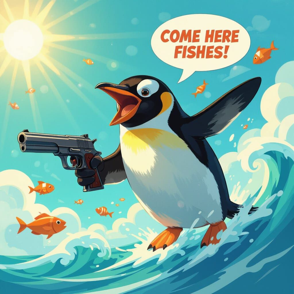 Penguin Soars with Pistol, Calling Fish in Animated Style