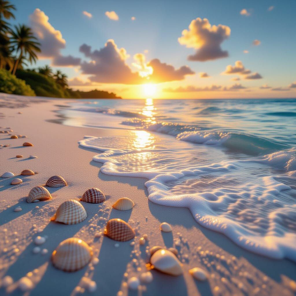 Hyperrealistic Tropical Beach Sunset with Turquoise Waves