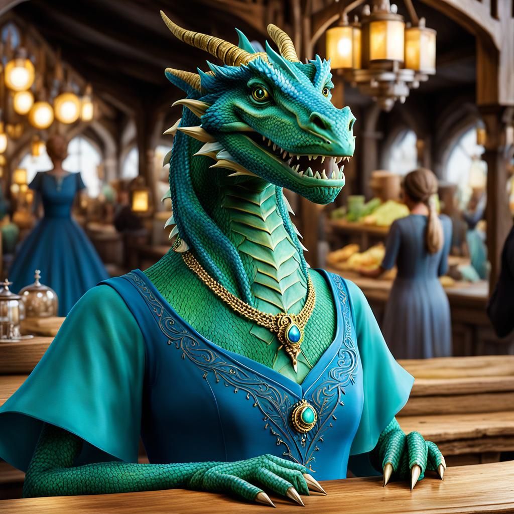 Dragonborn Jeweler in Bustling Medieval Marketplace