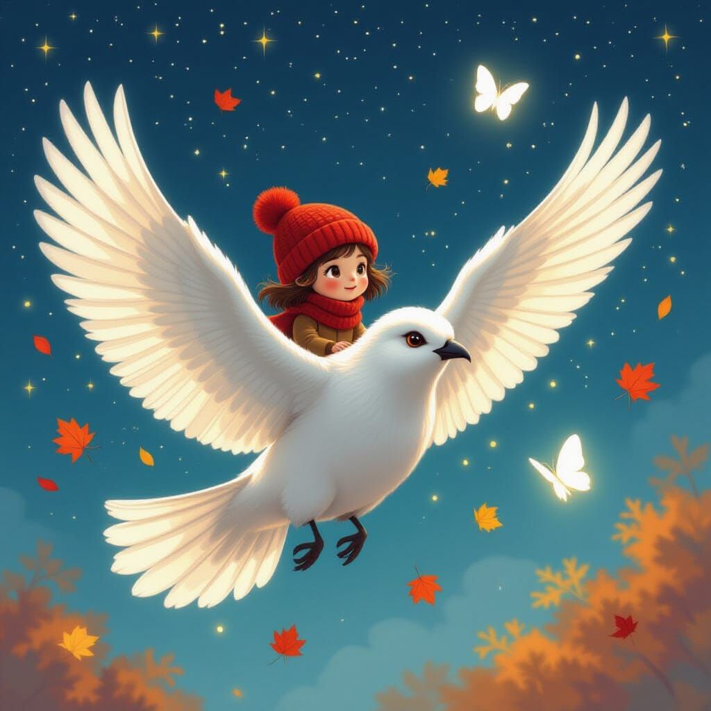 Figure in Red Hat Rides White Bird Under Starry Sky