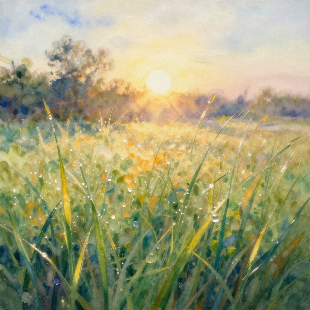 Dazzling Morning Sunbeams on Dewy Grass