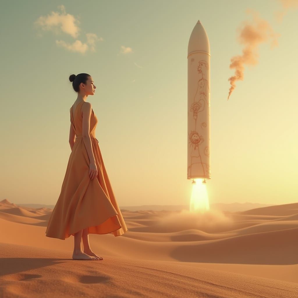Surreal Desert Rocket Launch in Surrealist Style