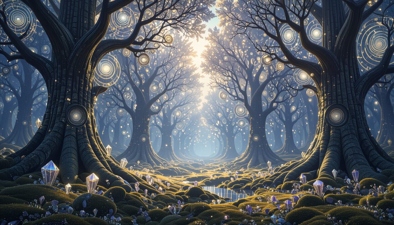 Surreal Crystal Forest with Fractal Trees