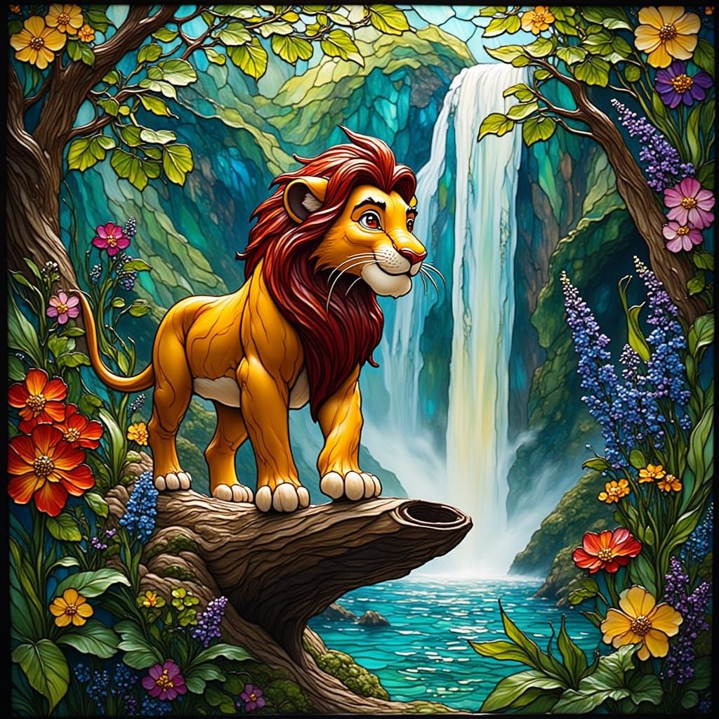 Regal Simba in Vibrant Stained Glass