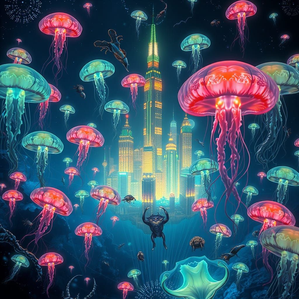 Bioluminescent Ocean Metropolis in Deep Blues and Greens