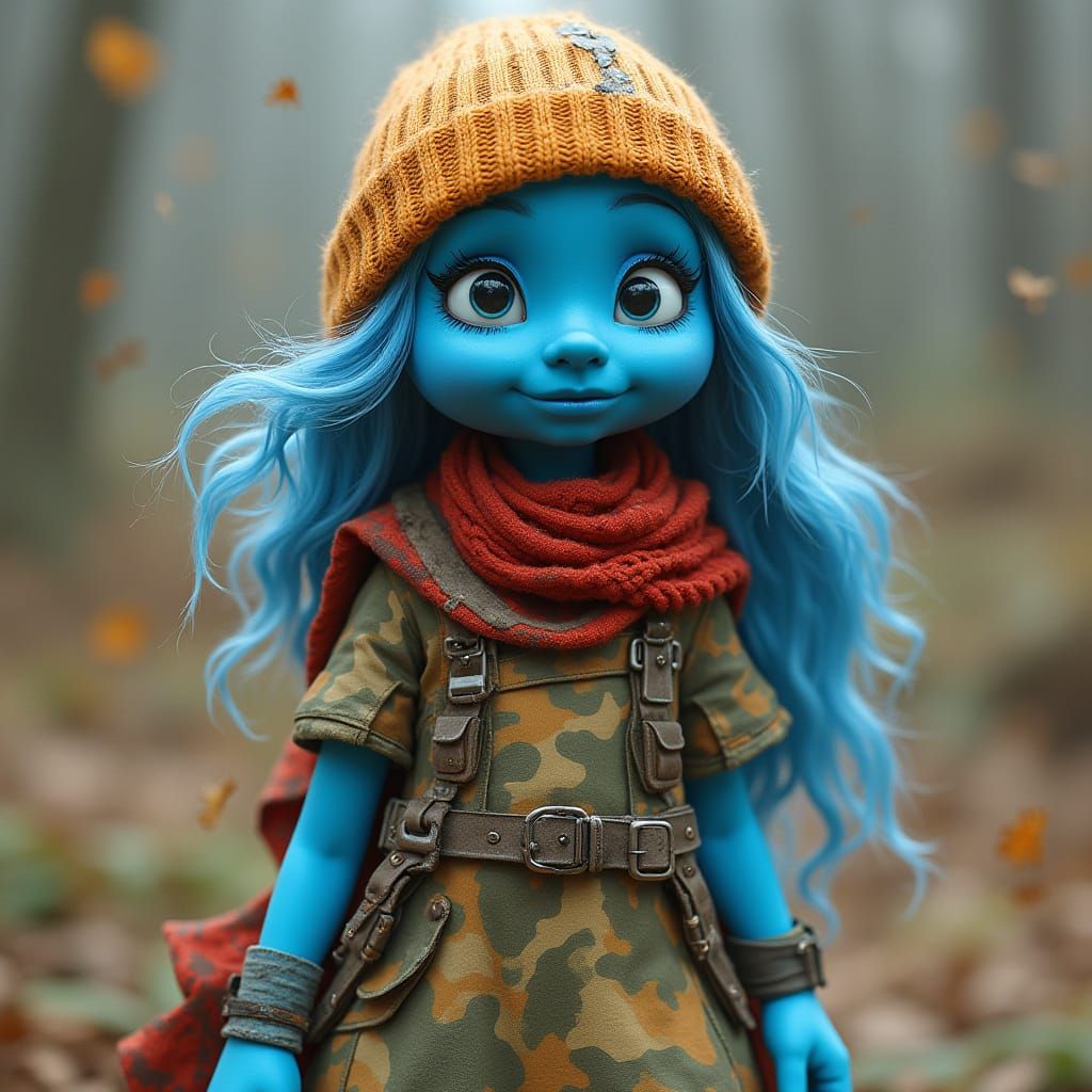 Dystopian Smurfette in Camo Dress and Afghan Scarf