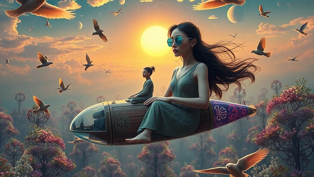 Surreal Woman in Sunset Galaxy with Recycled Spaceship