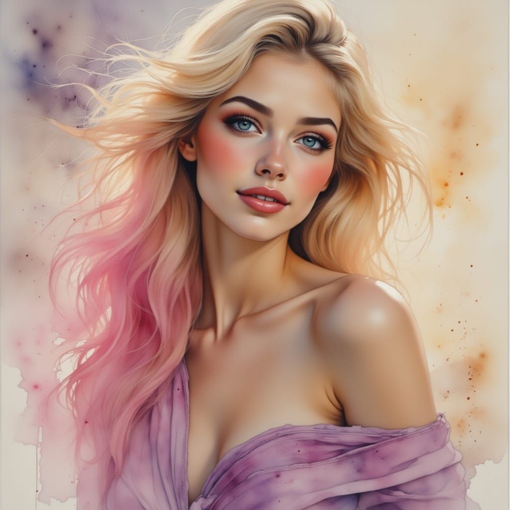 Elegant Woman in Blush and Lilac Gown