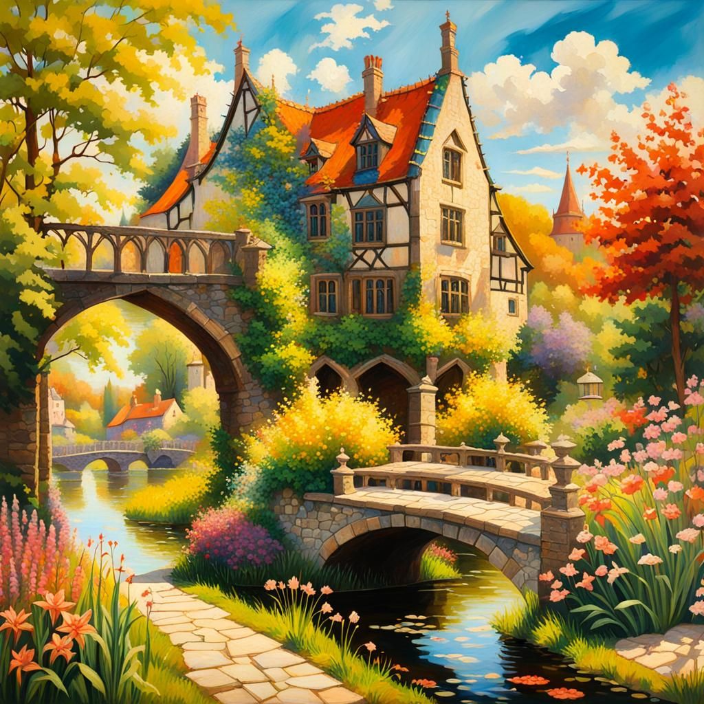 High Gothic City and Garden in Impressionist Style