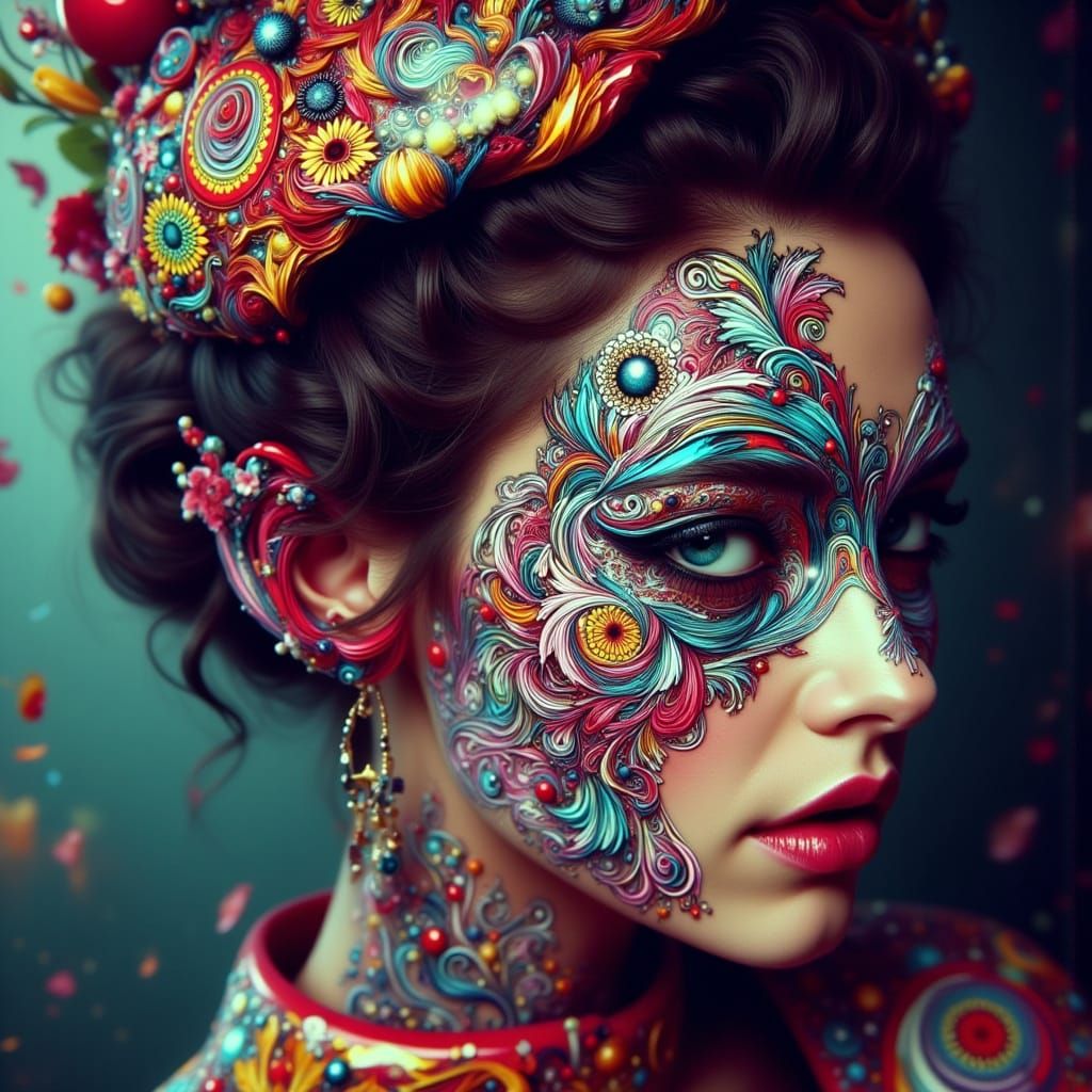 80s Anime Woman with Zentangle Face in Hazy World