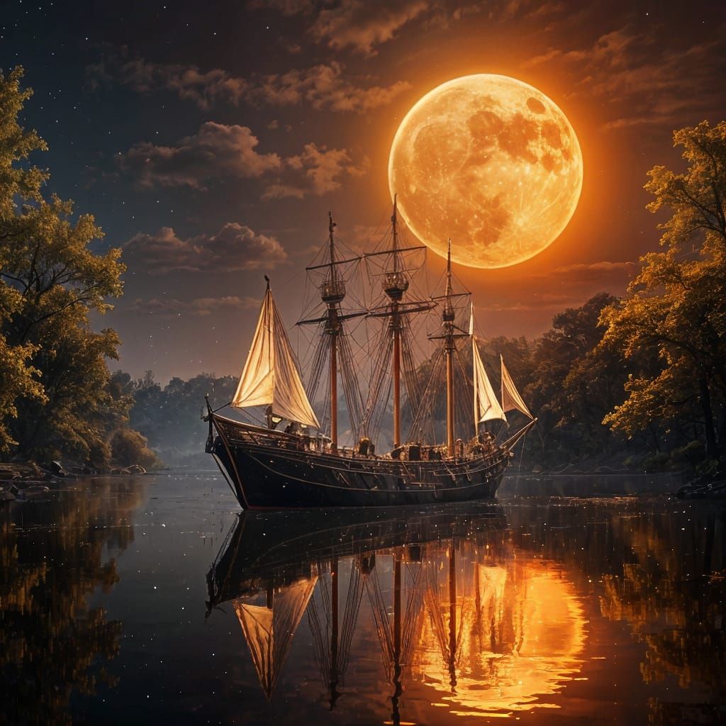 Night landscape in black and orange tones. Large realistic o...