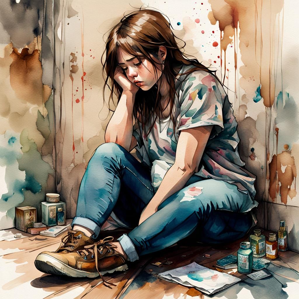 Sad Girl in Room: Stylized Watercolor Illustration
