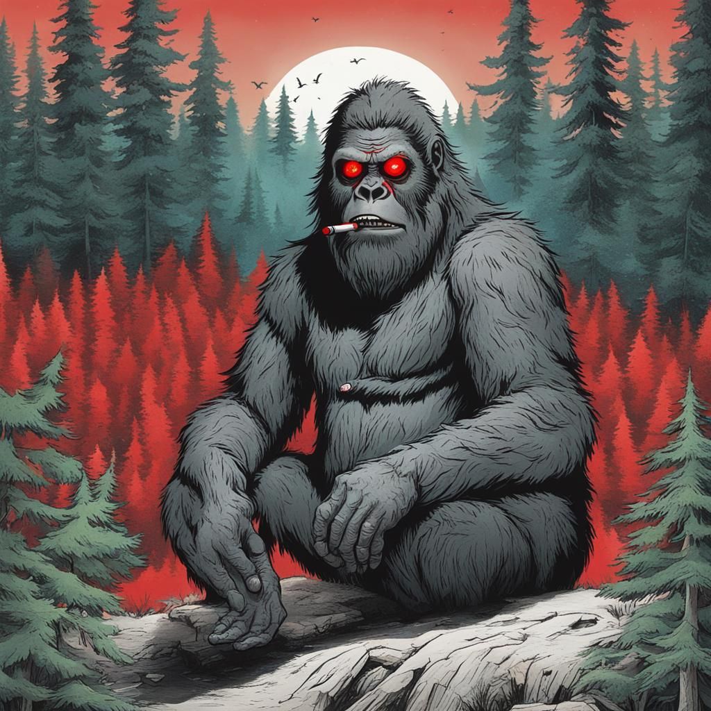 Stoned Bigfoot Smoking a Bong, Red Eyes