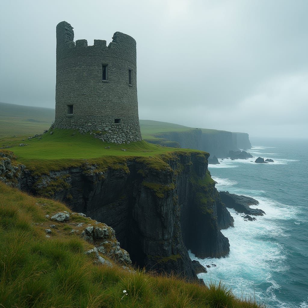 Weathered Irish Round Tower on a Windswept Cliffside