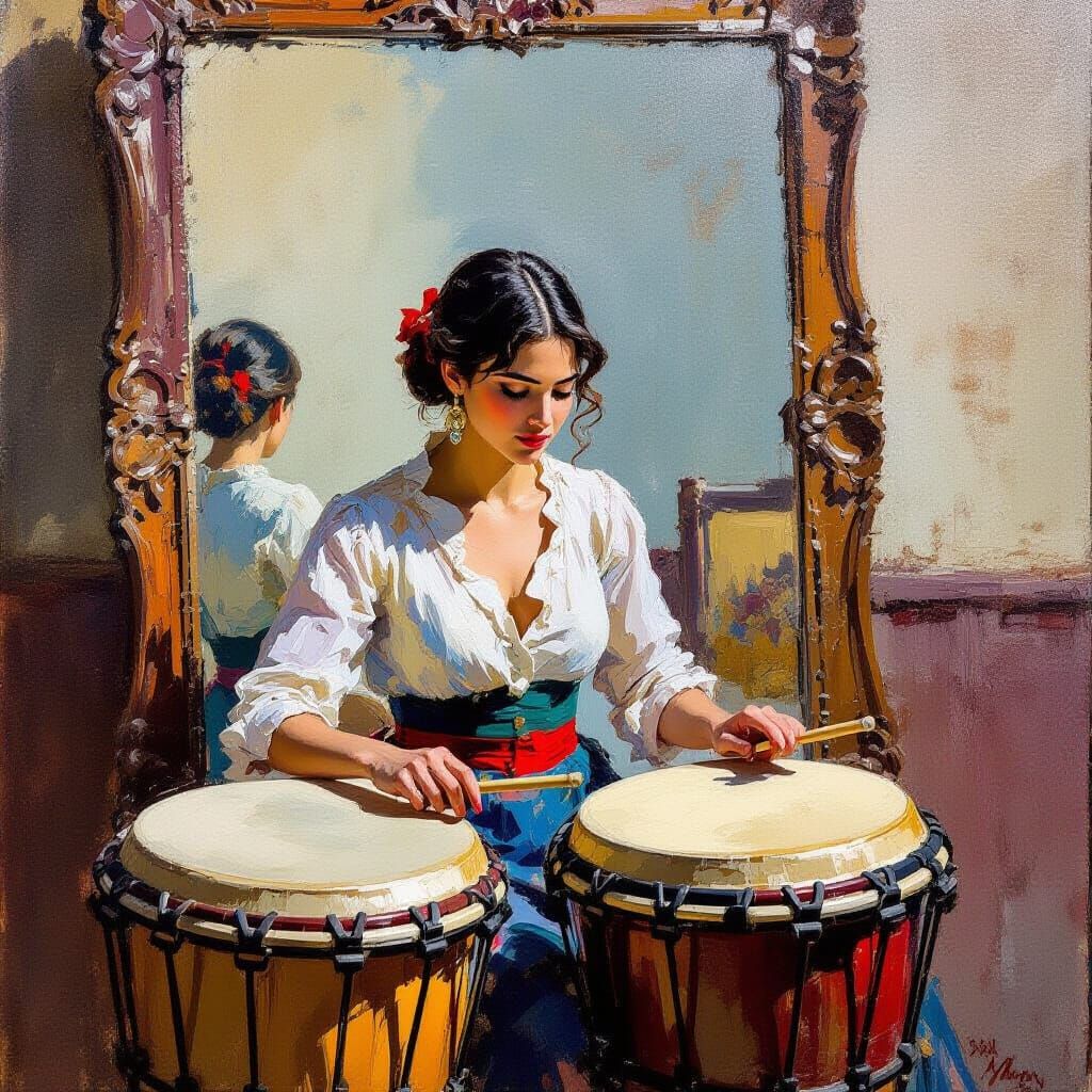 Woman Playing Bongos in Epic Impressionist Style