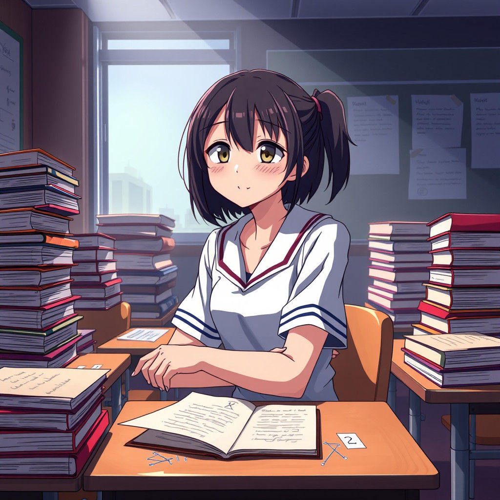 Pensive High School Girl in Manga Anime Style