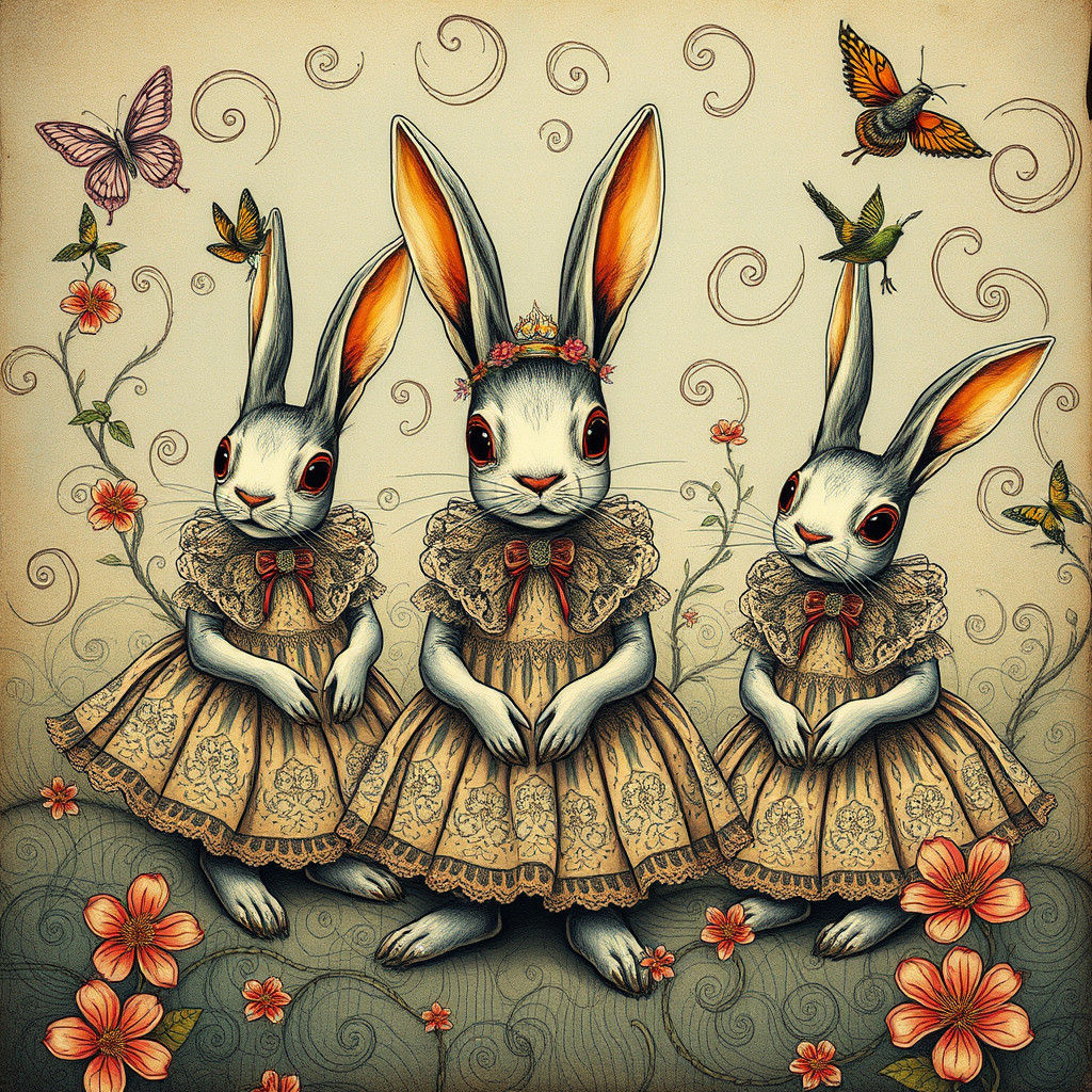 Alien Rabbits in Dreamlike Landscape, Mixed Media