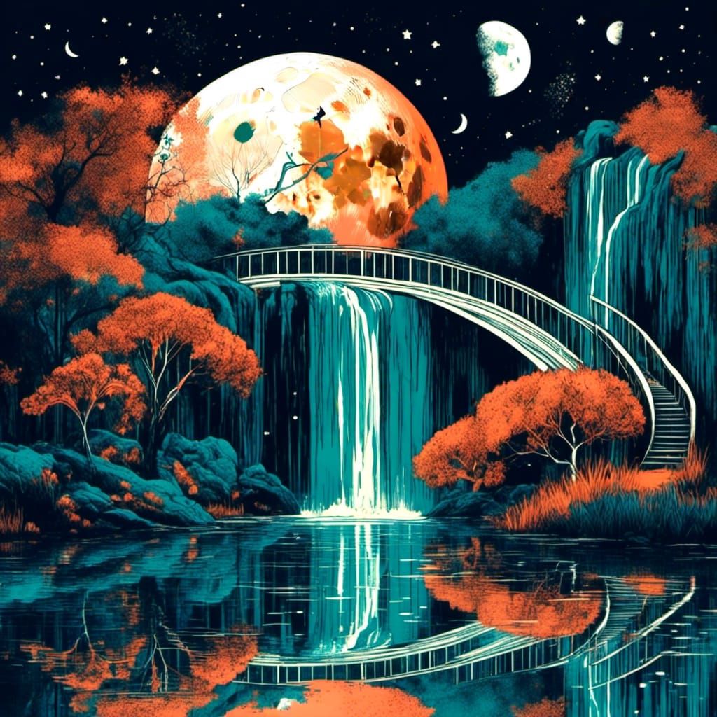Crescent Moon Over Teal Waterfall