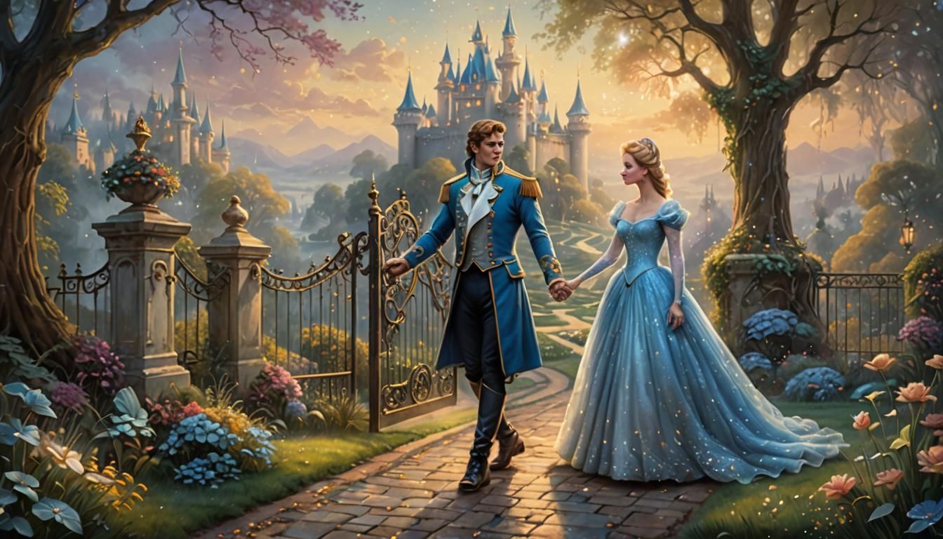 Prince Charming and Cinderella in Misty Garden