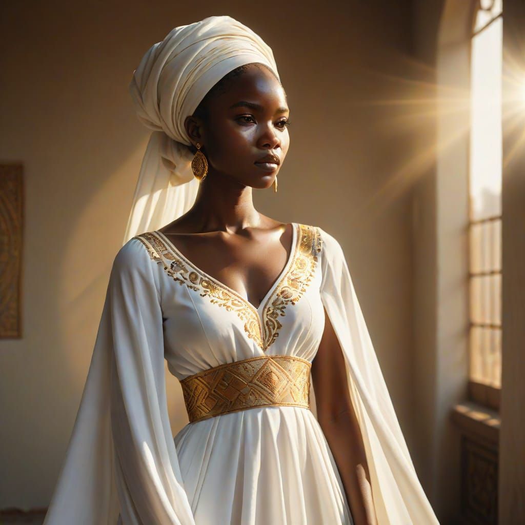 African Woman in White Dress with Golden Embroidery